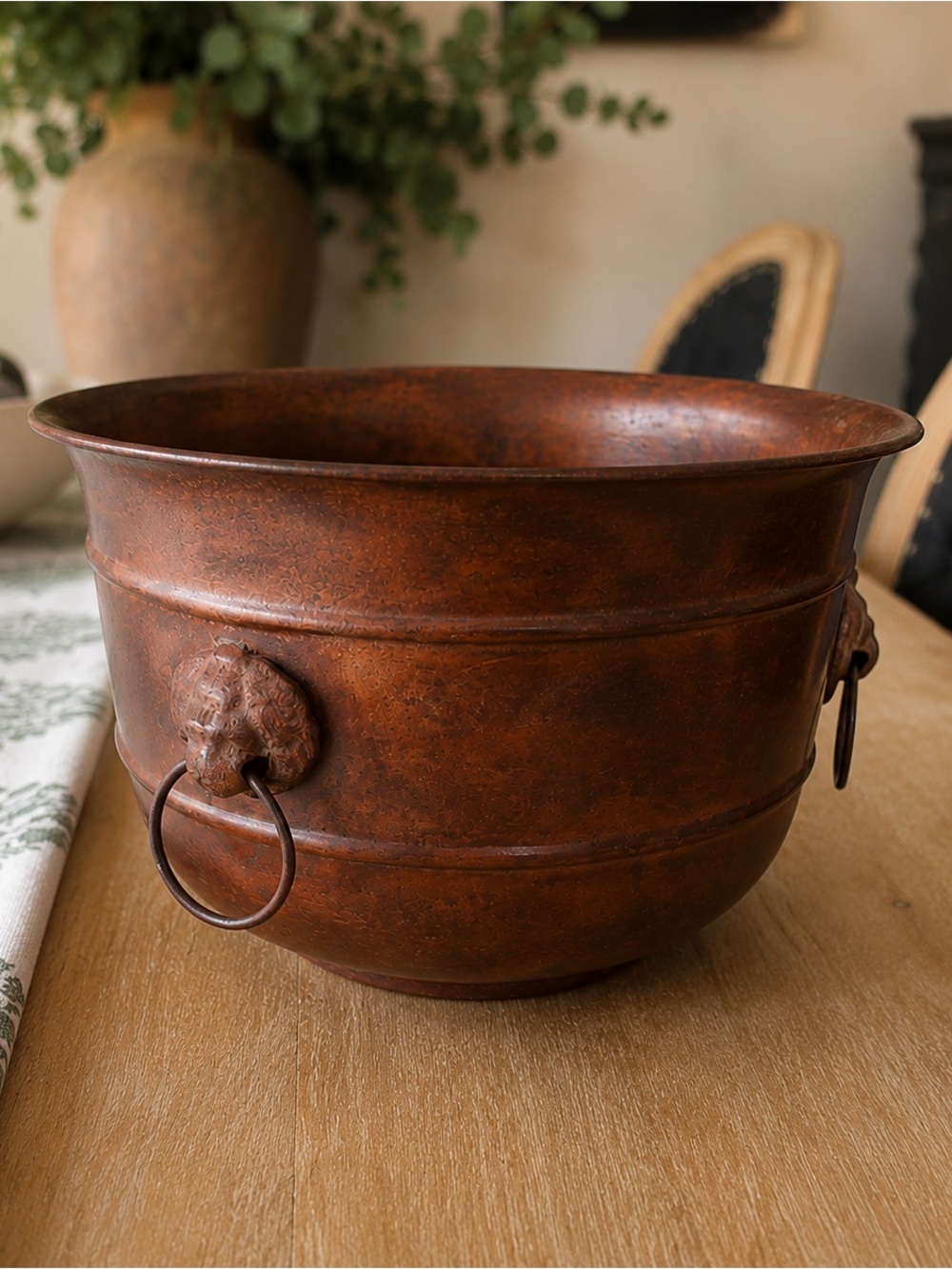 Vintage Rustic Cooper Cachepot Planter With Lion Ring Handles | 6 1/2 W